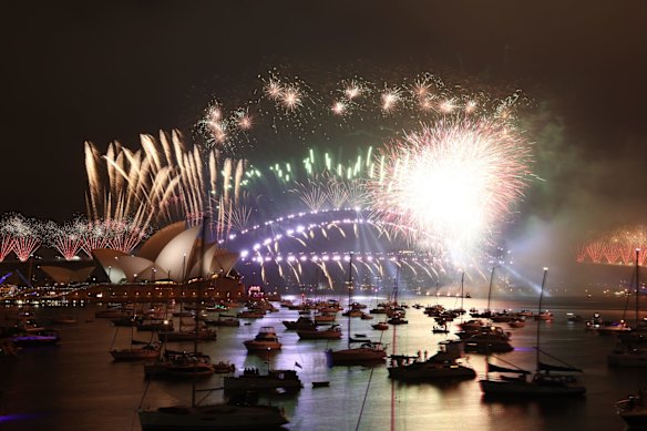 The New Years Eve Fireworks in Sydney Harbour as seen from Mrs Macquaries Point in Sydney at midnight, Jan 1, 2021. Bring on the New Year!