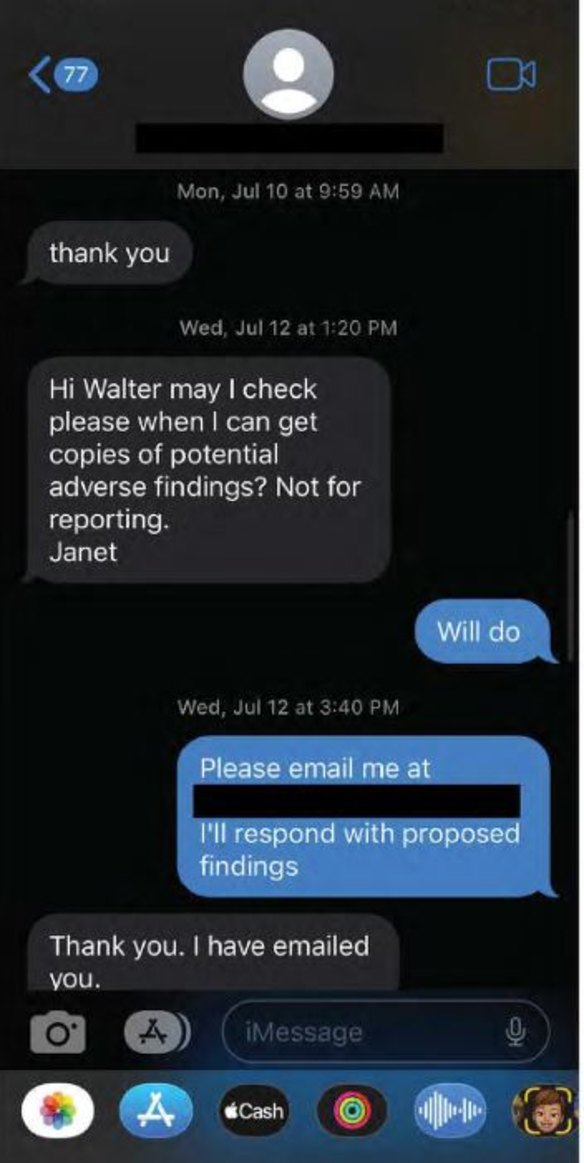 Text messages between Walter Sofronoff, KC, and Janet Albrechtsen.