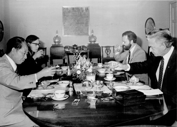 “General Secretary Hu Yaobang (of the People’s Republic of China) visits Prime Minister Bob Hawke at the Lodge for breakfast.” April 15, 1985.