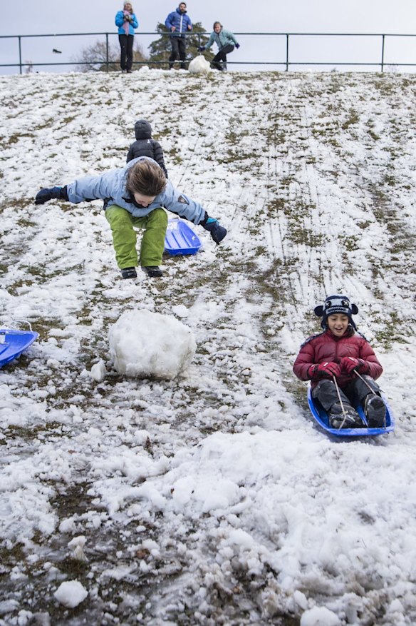 Children play in the snow at Blackheath Oval. 