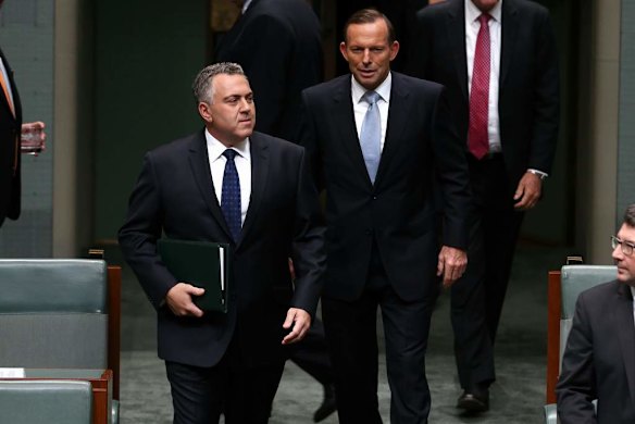 Treasurer Joe Hockey and Prime Minister Tony Abbott arrive to hand down the Budget.