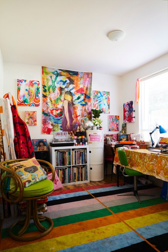 Minna’s passion for colour and kitsch runs at full strength in her studio. The rug is from IKEA and the cane chair from Waverley Antique Bazaar.