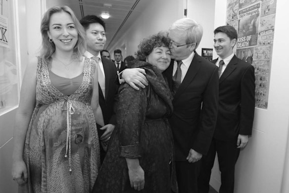 Kevin Rudd kisses his wife Therese Rein after a press conference where he conceded losing the leadership ballot to Prime Minister Julia Gillard on 27 February 2012.