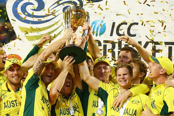 Australian players celebrate after winning the 2015 ICC Cricket World Cup.