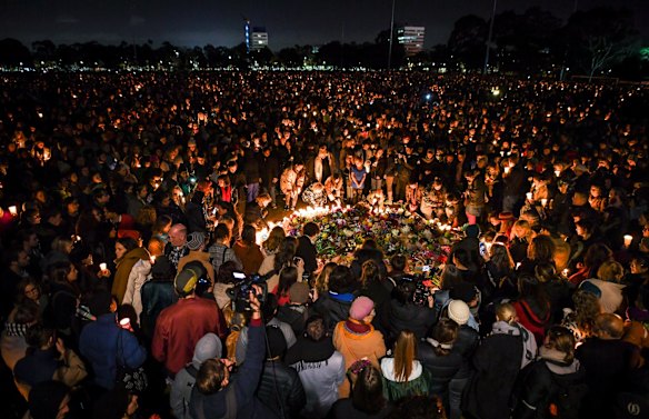 Thousand of people attend a candlelight vigil in solidarity for the Melbourne comedian Eurydice Dixon who was found dead at Princes Park in North Carlton last week. 