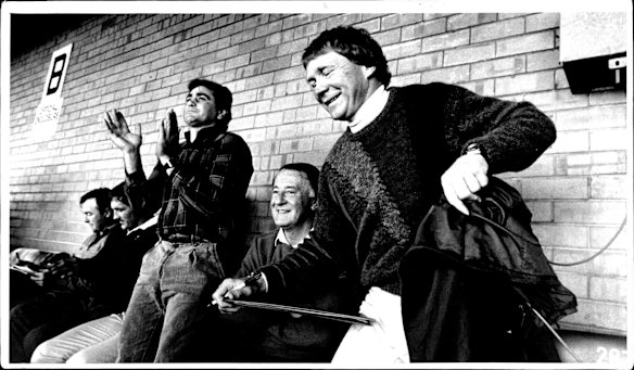  Canterbury vs Manly in 1987 at Brookvale. Max Krilich, Terry Randall, Alan Thompson, ARL president and NSW Board member Ken Arthurson and coach Bob Fulton. 