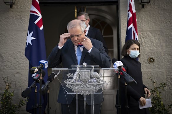 PM Scott Morrison holds a press conference with Premier of NSW Gladys Berejiklian, and NSW Treasurer Dominic Perrottet, to announce COVID-19 financial relief. July 12, 2021.