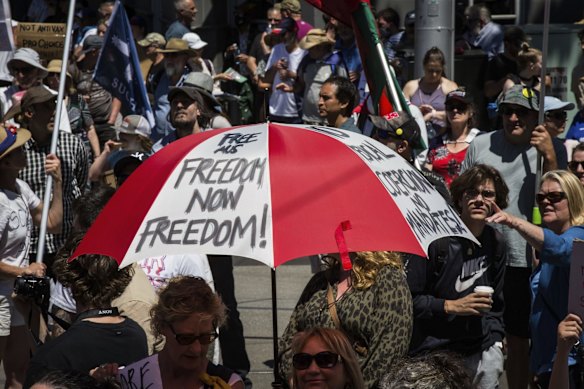 Protesters attend the Melbourne Freedom rally in the CBD