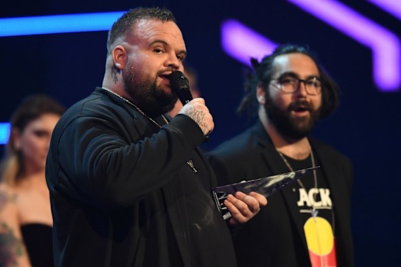 Briggs and Trials from A.B. Original accept the ARIA for Best Independent Release during the 31st ARIA Awards at The Star, in Sydney.