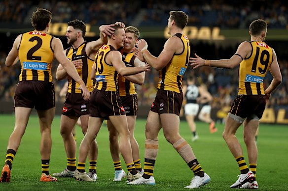 Get around him: Jack Ginnivan and the Hawks have a tough run home.