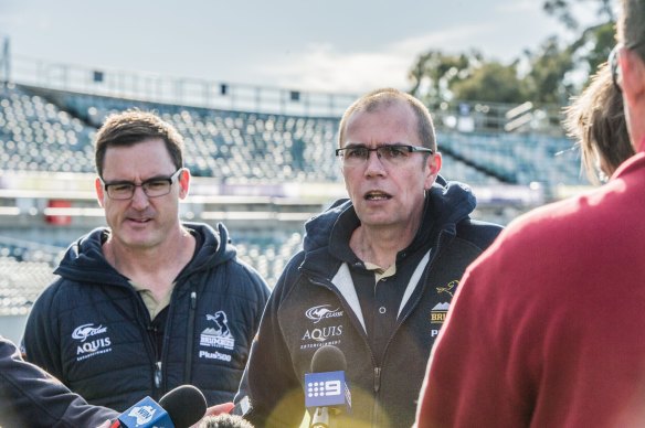 Brumbies boss Michael Thomson, right, has finished his tenure at the club.