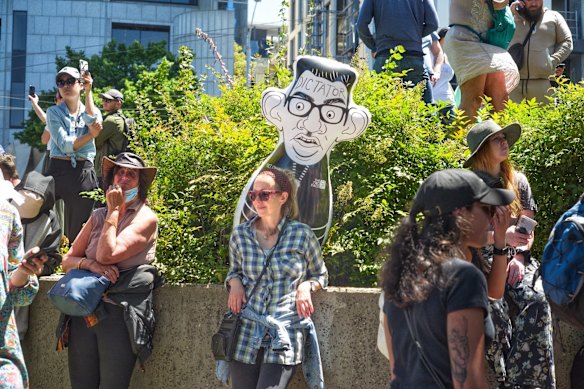 People protesting against the Pandemic Bill in Melbourne on Saturday 27 November 2021. 