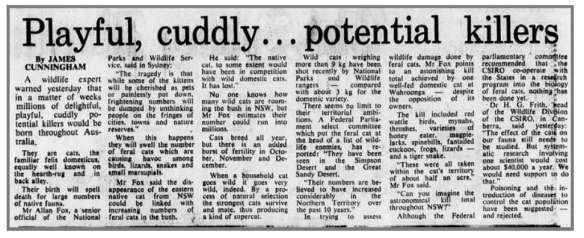 A Sydney Morning Herald article from August 1976 raises fears about cats killing native wildlife.