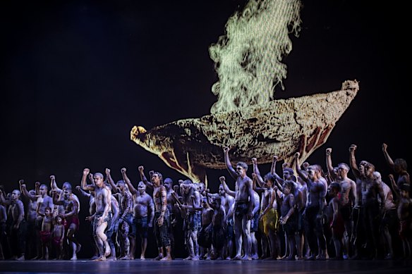 The Reclaim performance conducted by a group of over 60 men at The Vigil. The Sydney Festival holds The Vigil at Barangaroo Reserve, a night of performance and reflection on the eve of Australia Day.