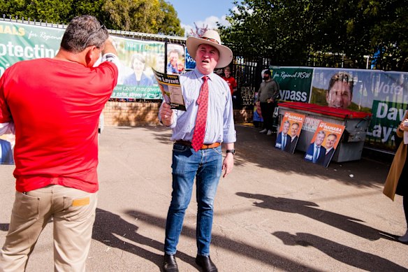 Federal Nationals MP Barnaby Joyce, campaigning on behalf of Nationals candidate David Layzell. 