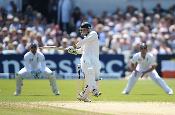 Phil Hughes of Australia hits out.