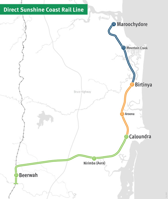 The state government’s new staged approach to the Sunshine Coast rail link, with stage one in green.