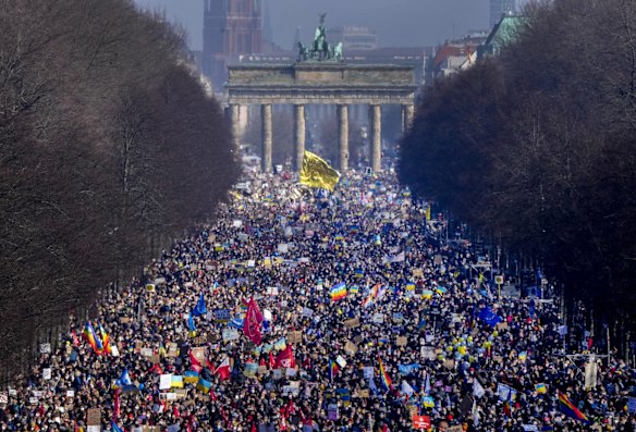 Anti-war protesters fill Berlin on Sunday.