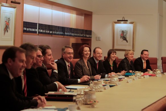 Prime Minister Julia Gillard with Deputy Prime Minister Wayne Swan during the first cabinet meeting since she assumed office in Parliament House Canberra on Friday 25 June 2010. 