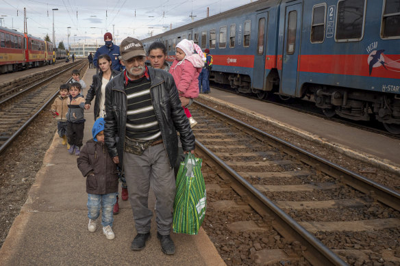 Refugees fleeing towards Zahony, Hungary.