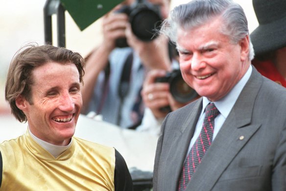 Damien Oliver with trainer Bart Cummings after they won the 1997 Cox Plate with Dane Ripper.