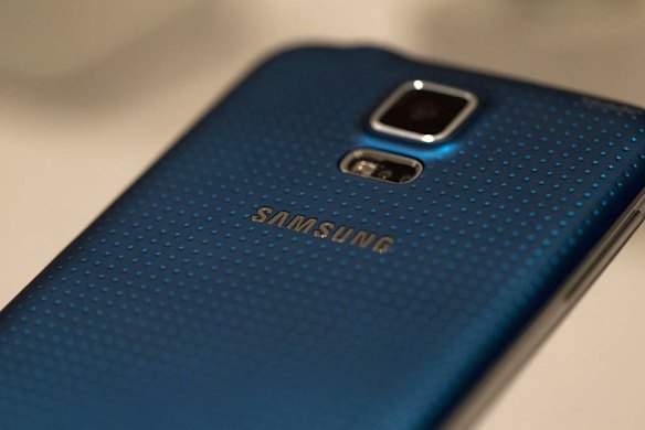 The back of a blue Galaxy S5.