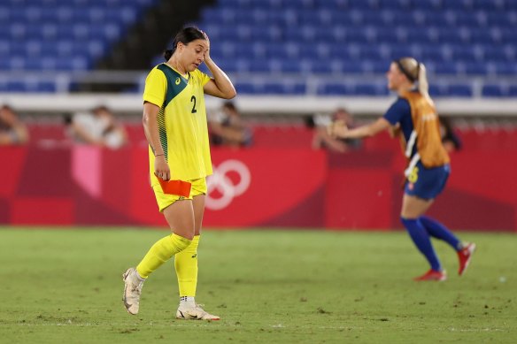 Sam Kerr looks dejected following defeat in the semi-final against Sweden.