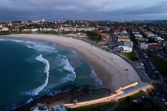 Bondi beach at 6.30am as it prepares to reopen for local swimmers and surfers.