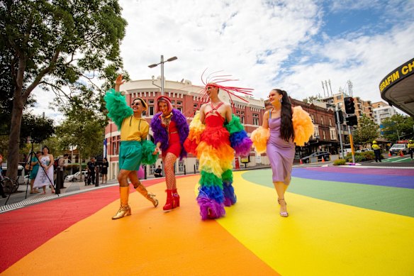 The launch of the Sydney Rainbow Crossing on Bourke Street, near Oxford Street and Taylor Square, on February 8, 2019.