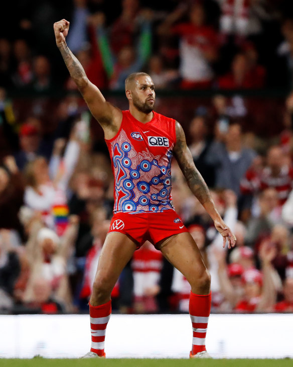 Lance Franklin celebrates one of his five goals against Richmond on Friday night