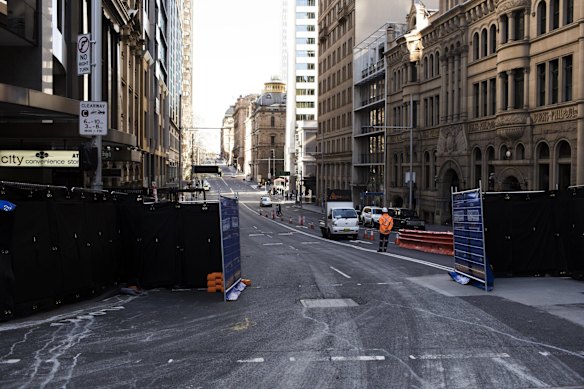 The George, Bridge and Grosvenor Streets intersection where light rail preparation works have begun.