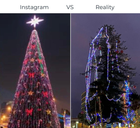 The Port Macquarie Christmas tree (right), which quickly became ridiculed on social media.