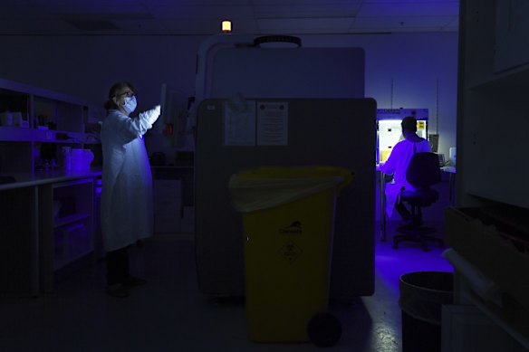 Hospital Scientist Dimitra Iliakis operates the COBAS 6800 instrument processing coronavirus samples.