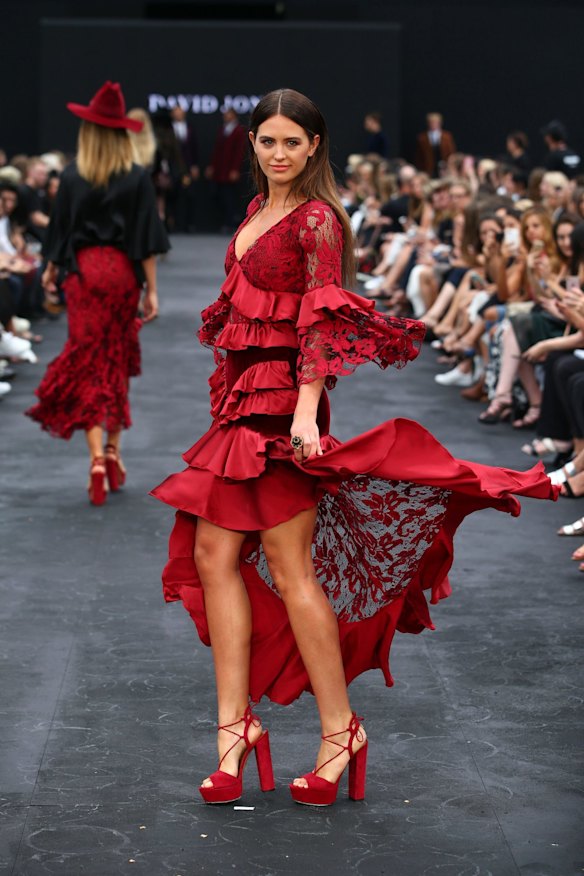 Jesinta Franklin showcases designs by Romance Was Born at the David Jones Autumn/Winter 2016 Fashion Launch at St Mary's Cathedral, Sydney on February 1, 2017.