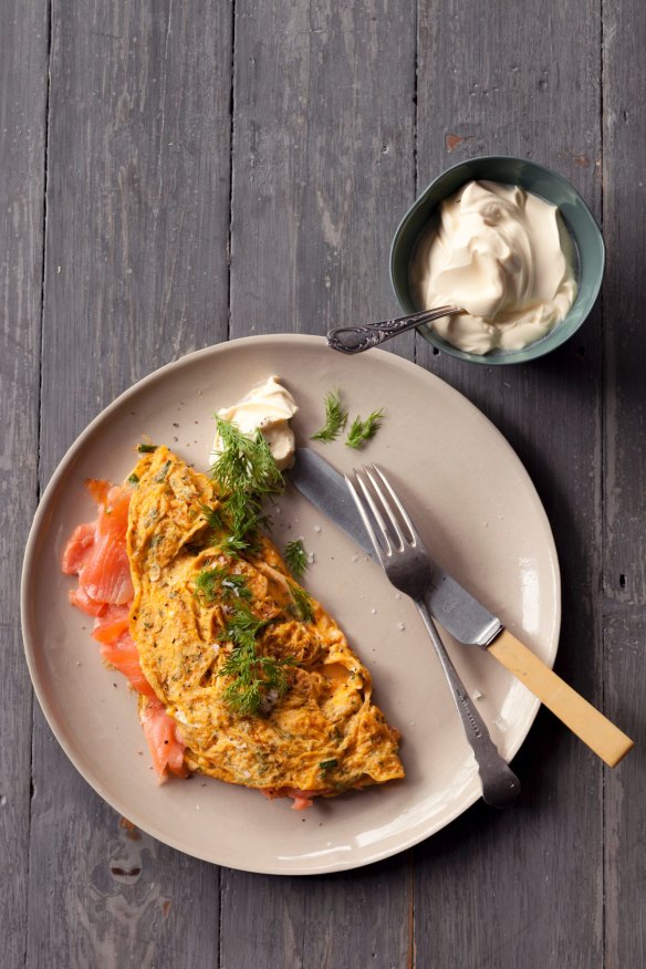Omelette with salmon, dill and creme fraiche.