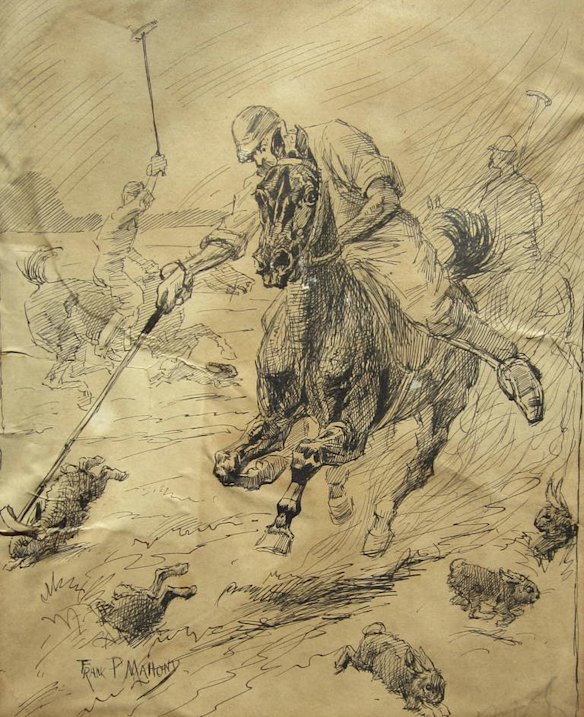 'Polo Made Useful: Settling the Rabbits in the Riverina.' Illustration by Frank P Mahony.