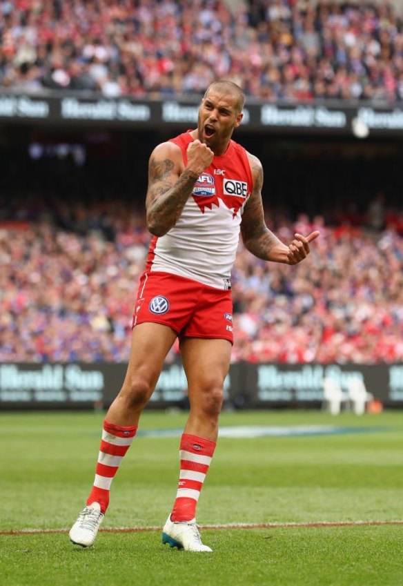 Another goal: Lance Franklin celebrates for the Swans.