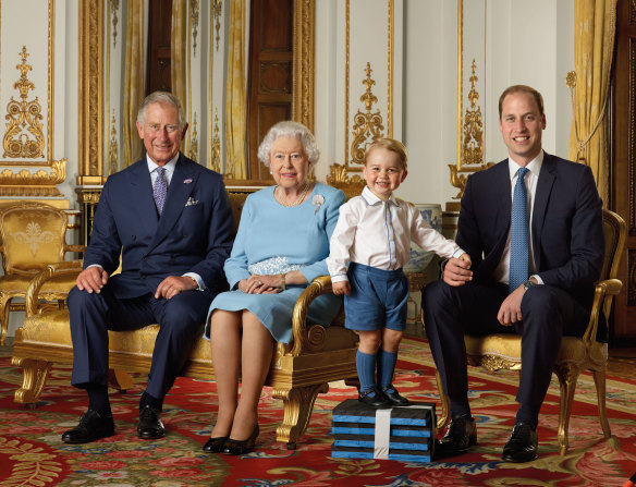 Recent portrait of the Queen and the three heirs to the throne. 