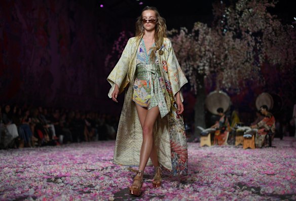 A model wears a creation by Camilla during her fashion show during the Mercedes-Benz Fashion Week Australia in Sydney.
