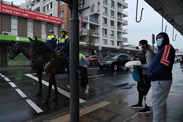 NSW Mounted Police patrol the streets of Fairfield during Sydney's COVID-19 lockdown. Police increase their presence after numbers grow in Sydney's South West.