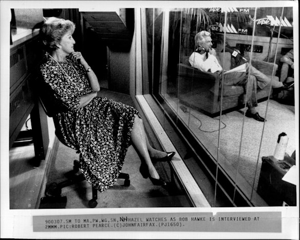 Hazel Hawke watches as Bob Hawke is interviewed at 2MMM in March 1990. 