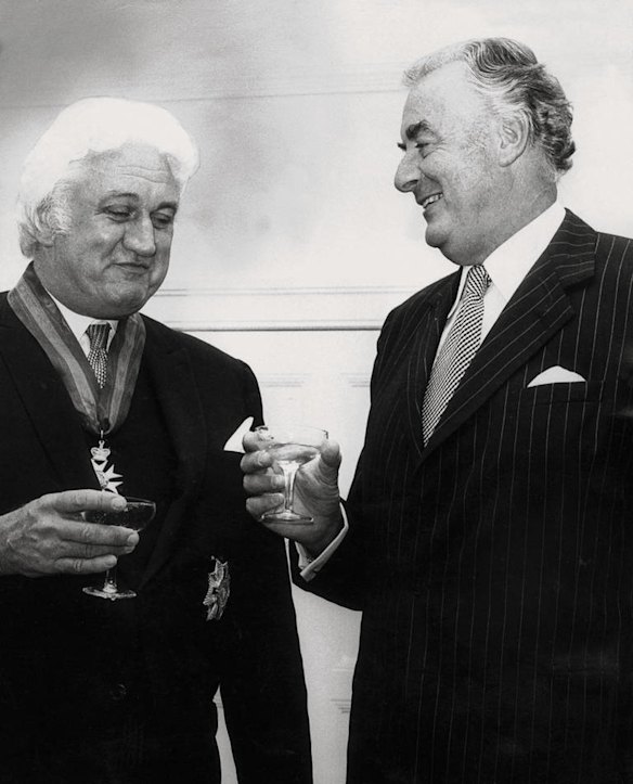 Investiture at Government House. Governor General Designate Sir John Kerr and the PM Mr Gough Whitlam enjoy a drink after the ceremony.18th April 1974