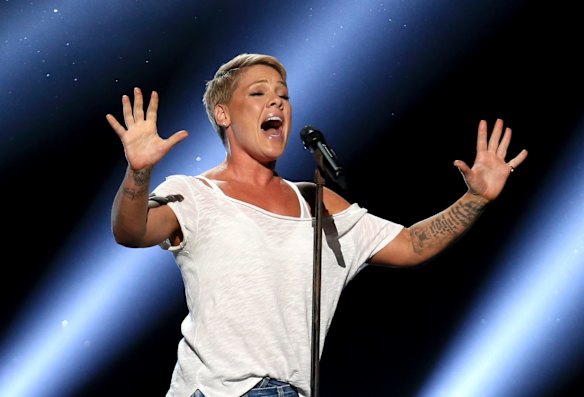 Pink performs <i>Wild Hearts Can't Be Broken</i> at the 60th annual Grammy Awards.