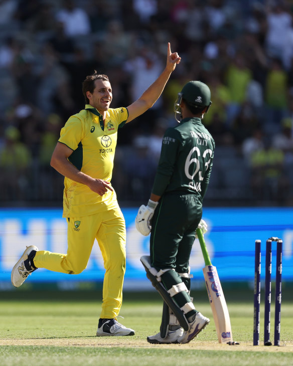 Lance Morris takes a wicket in perth.