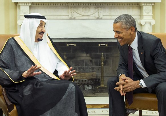 Former president Barack Obama, right, meets with King Salman of Saudi Arabia in the Oval Office.
