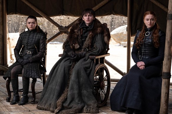 Maisie Williams (as Arya Stark), Isaac Hempstead Wright (as Bran Stark) and Sophie Turner (as Sansa Stark) prepare for Tyrion Lannister's trial.