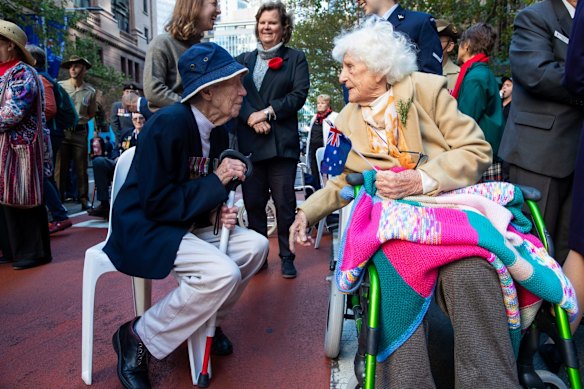 War widows Barbara Coward, Margaret Ferrier, before ANZAC Day march down Elizabeth St, Sydney.