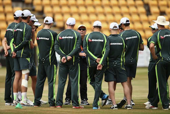 Australian chairman of selectors Rod Marsh addresses the players during an Australian nets session at The County Ground on August 12, 2015, in Northampton, England. 
