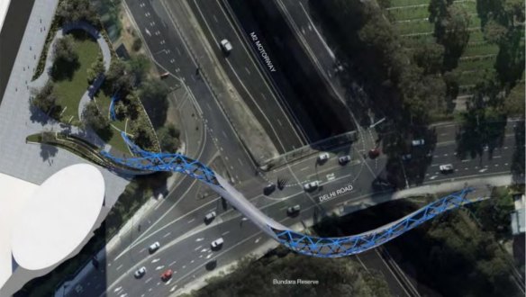 An artist's impression of the Lachlan's Line pedestrian bridge across Delhi Road and the M2 motorway. 
