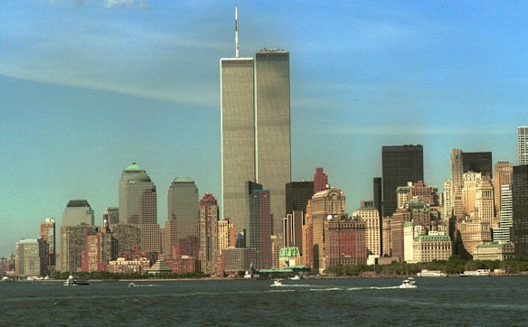 The lower Manhattan skyline is shown in the August 30, 2001 photo, with the World Trade Center towers at center.